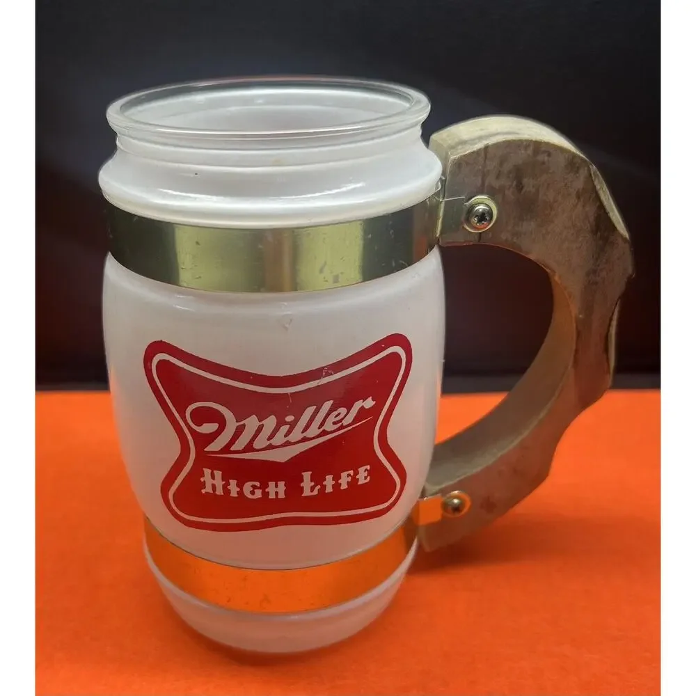 Miller High Life Beer Glass Mug Wood Handle Preowned Siesta Ware‎